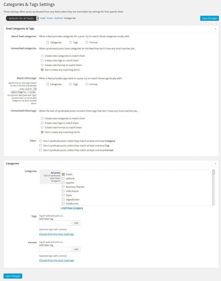 FeedWordPress Categories & Tags page