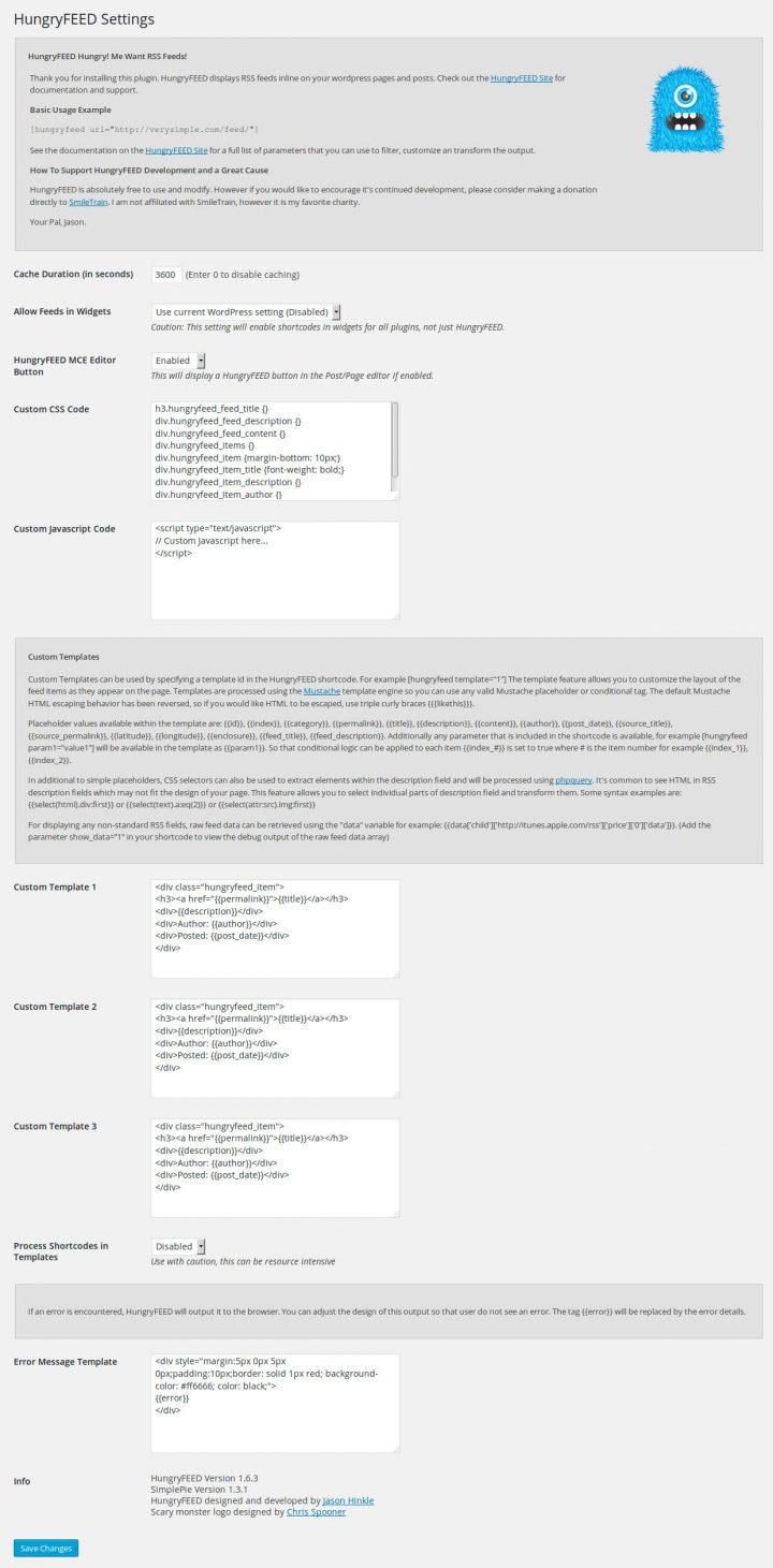 HungryFEED settings page