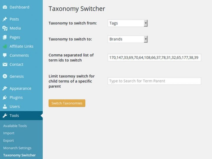 Taxonomy Switcher page within the Tools panel